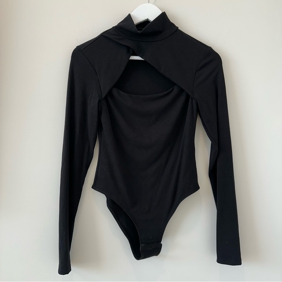Rachel Parcell Cutout Bodysuit Black Jet Bodycon Turtleneck Going Out Top Mock - Picture 2 of 16